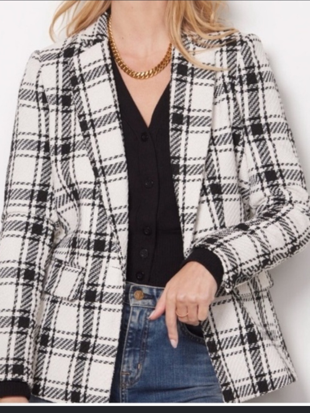 Evereve Black & White Kennedy Plaid Single Button Blazer Size XS Career Wear